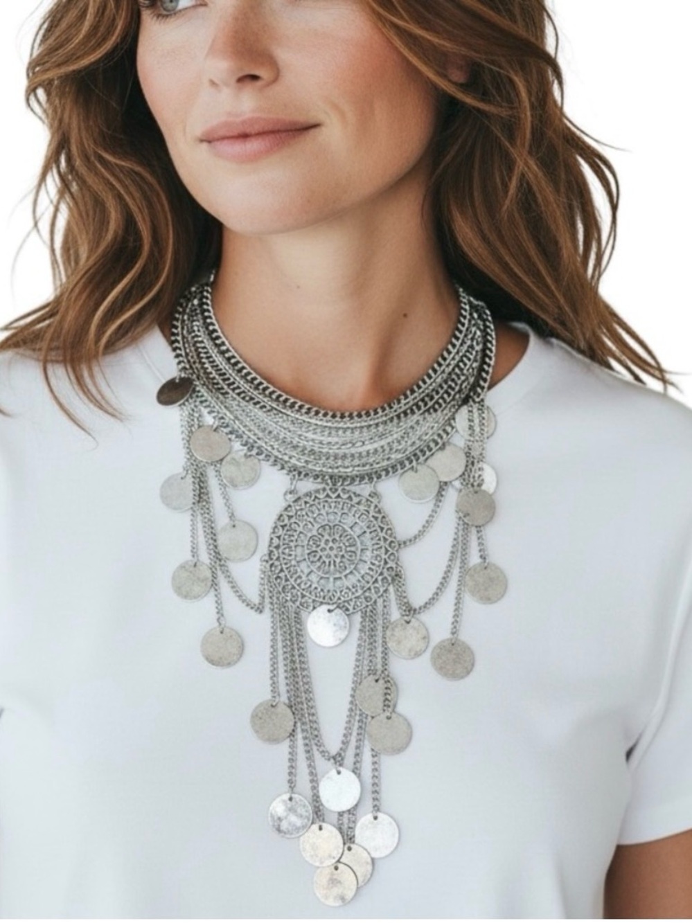 Silver Statement Coin Fringe Necklace & Earrings Set